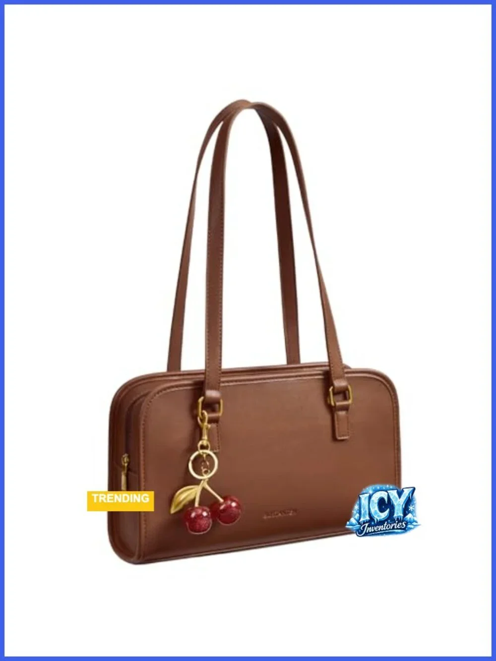 Vegan Leather Cherry Charm Shoulder Bag Gold Hardware Medium Structured Handbag